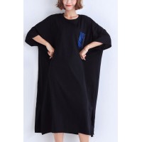 French o neck side open linen outfit 18th Century Sleeve black daily Dress Summer