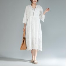 baggy cotton sundress plus size Two Pieces Set V Neck Three Quarter Sleeve White Dress