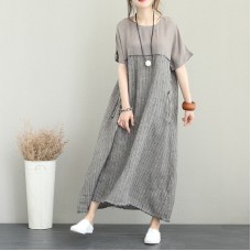 Fine gray long silk linen dress plus size patchwork linen gown fine short sleeve caftans