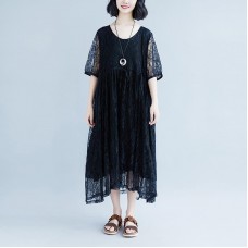 vintage cotton dress plus size Lacing Summer Short Sleeve Casual Fake Two-piece Black Dress